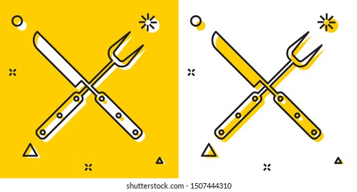 Black Crossed fork and knife icon isolated on yellow and white background. BBQ fork and knife sign. Barbecue and grill tools. Random dynamic shapes. Vector Illustration