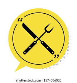 Black Crossed fork and knife icon isolated on white background. BBQ fork and knife sign. Barbecue and grill tools. Yellow speech bubble symbol. Vector Illustration