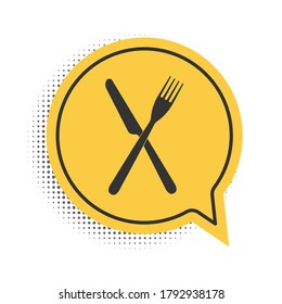 Black Crossed fork and knife icon isolated on white background. Restaurant icon. Yellow speech bubble symbol. Vector