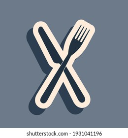 Black Crossed fork and knife icon isolated on grey background. Restaurant icon. Long shadow style. Vector Illustration