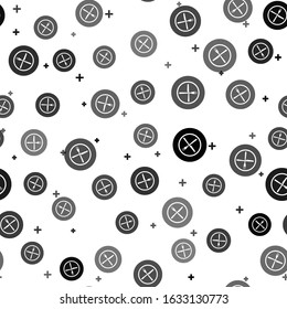 Black Crossed fork and knife on plate icon isolated seamless pattern on white background. Restaurant symbol.  Vector Illustration