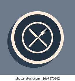 Black Crossed fork and knife on plate icon isolated on grey background. Restaurant symbol. Long shadow style. Vector Illustration
