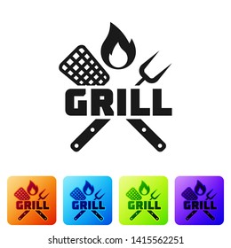 Black Crossed fork and spatula icon isolated on white background. Fire flame sign. BBQ fork and spatula sign. Barbecue and grill tools. Set icon in color square buttons. Vector Illustration