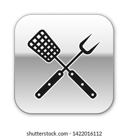 Black Crossed fork and spatula icon isolated on white background. BBQ fork and spatula sign. Barbecue and grill tools. Silver square button. Vector Illustration