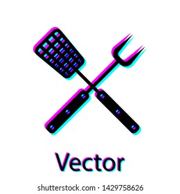 Black Crossed fork and spatula icon isolated on white background. BBQ fork and spatula sign. Barbecue and grill tools. Vector Illustration