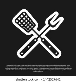 Black Crossed fork and spatula icon isolated on black background. BBQ fork and spatula sign. Barbecue and grill tools. Vector Illustration