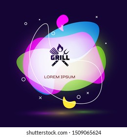 Black Crossed fork and spatula icon isolated on dark blue background. Fire flame sign. BBQ fork and spatula sign. Barbecue and grill tools. Abstract banner with liquid shapes. Vector Illustration