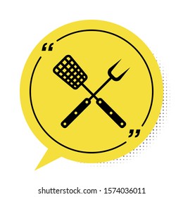 Black Crossed fork and spatula icon isolated on white background. BBQ fork and spatula sign. Barbecue and grill tools. Yellow speech bubble symbol. Vector Illustration