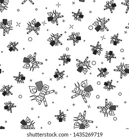 Black Crossed fork and spatula line icon isolated seamless pattern on white background. Fire flame sign. BBQ fork and spatula sign. Barbecue and grill tools. Vector Illustration