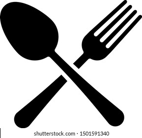 Ícone de garfo e colher preto cruzado isolado no fundo branco. Utensílios de cozinha. Sinal de talheres.  Ilustração de vetor