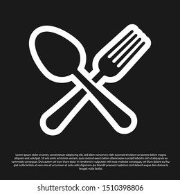 Black Crossed fork and spoon icon isolated on black background. Cooking utensil. Cutlery sign.  Vector Illustration