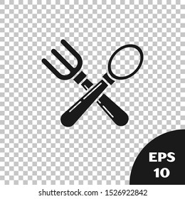 Black Crossed fork and spoon icon isolated on transparent background. Cooking utensil. Cutlery sign.  Vector Illustration