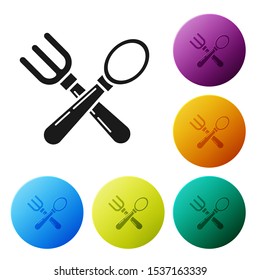 Black Crossed fork and spoon icon isolated on white background. Cooking utensil. Cutlery sign. Set icons colorful circle buttons. Vector Illustration