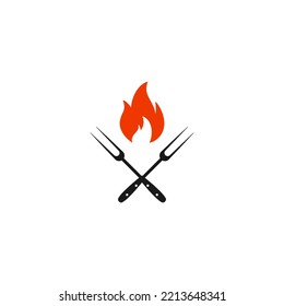 Black crossed forks with fire icon. BBQ and grill tools. Barbeque cutlery. Kitchen utensil. Party, cuisine, cookery sign. Vector illustration isolated on white.