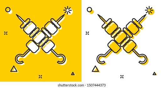 Black Crossed grilled shish kebab on skewers stick icon isolated on yellow and white background. Meat kebab on skewers stick. Picnic with grill meat. Random dynamic shapes. Vector Illustration