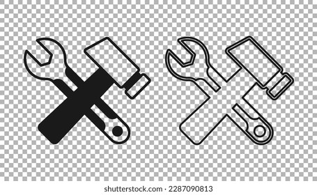 Black Crossed hammer and wrench spanner icon isolated on transparent background. Hardware tools.  Vector