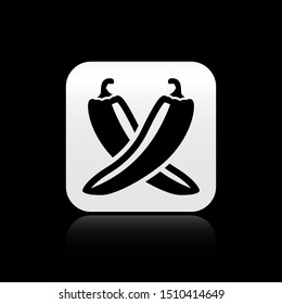 Black Crossed hot chili pepper pod icon isolated on black background. Design for grocery, culinary products, seasoning and spice package. Silver square button. Vector Illustration