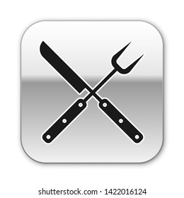 Black Crossed knife and spatula icon isolated on white background. BBQ knife and spatula sign. Barbecue and grill tools. Silver square button. Vector Illustration
