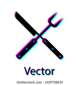 Black Crossed knife and spatula icon isolated on white background. BBQ knife and spatula sign. Barbecue and grill tools. Vector Illustration