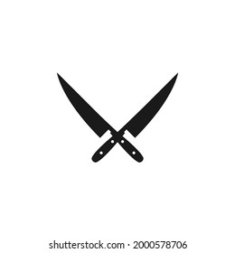 Black crossed knives. BBQ and grill tools. Barbeque cutlery. Kitchen utensil. Party, cuisine, cookery sign. Vector illustration isolated on white.