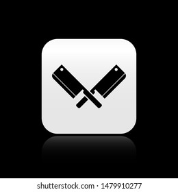 Black Crossed meat chopper icon isolated on black background. Kitchen knife for meat. Butcher knife. Square button vector Illustration