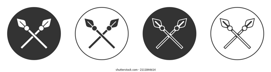 Schwarz Crossed mittelalterliche Speere Symbol einzeln auf weißem Hintergrund. Mittelalterliche Waffe. Circle Button. Vektorgrafik