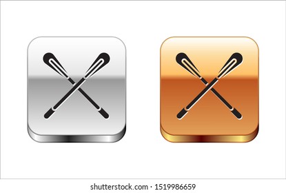Black Crossed paddle icon isolated on white background. Paddle boat oars. Silver-gold square button. Vector Illustration