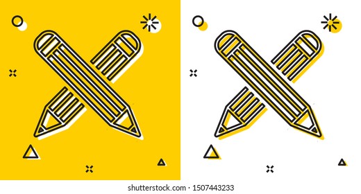 Black Crossed pencil icon isolated on yellow and white background. Education sign. Drawing and educational tools. School office symbol. Random dynamic shapes. Vector Illustration