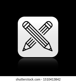 Black Crossed pencil icon isolated on black background. Education sign. Drawing and educational tools. School office symbol. Silver square button. Vector Illustration