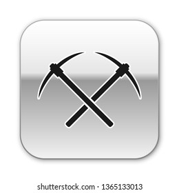Black Crossed pickaxe icon isolated on white background. Blockchain technology, cryptocurrency mining, bitcoin, altcoins, digital money market. Silver square button. Vector Illustration