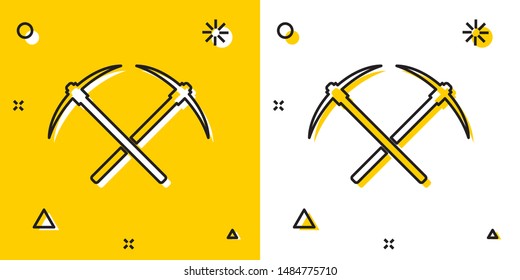 Black Crossed pickaxe icon isolated on yellow and white background. Blockchain technology, cryptocurrency mining, bitcoin, altcoins, digital money market. Random dynamic shapes. Vector Illustration