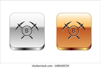 Black Crossed pickaxe icon isolated on white background. Blockchain technology, cryptocurrency mining, bitcoin, altcoins, digital money market. Silver-gold square button. Vector Illustration