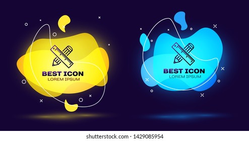 Black Crossed ruler and pencil icon isolated on blue background. Straightedge symbol. Drawing and educational tools. Set of liquid color abstract geometric shapes. Vector Illustration