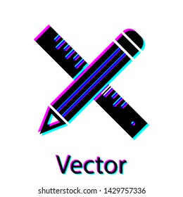 Black Crossed ruler and pencil icon isolated on white background. Straightedge symbol. Drawing and educational tools.  Vector Illustration