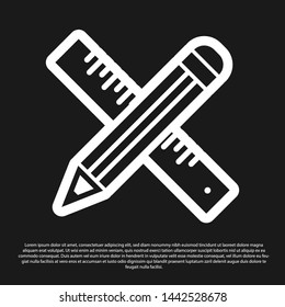 Black Crossed ruler and pencil icon isolated on black background. Straightedge symbol. Drawing and educational tools.  Vector Illustration