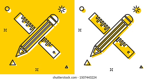 Black Crossed ruler and pencil icon isolated on yellow and white background. Straightedge symbol. Drawing and educational tools. Random dynamic shapes. Vector Illustration