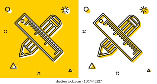 Black Crossed ruler and pencil icon isolated on yellow and white background. Straightedge symbol. Drawing and educational tools. Random dynamic shapes. Vector Illustration