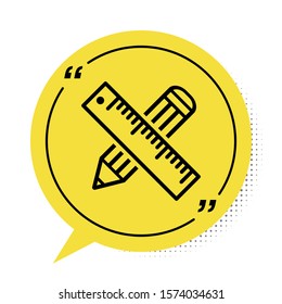 Black Crossed ruler and pencil icon isolated on white background. Straightedge symbol. Drawing and educational tools. Yellow speech bubble symbol. Vector Illustration