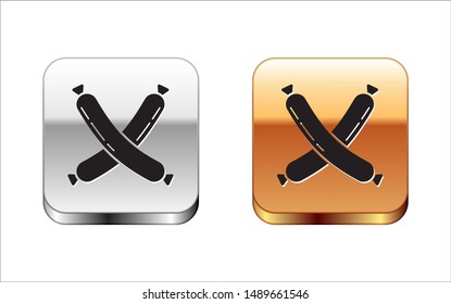 Black Crossed sausage icon isolated on white background. Grilled sausage and aroma sign. Silver-gold square button. Vector Illustration