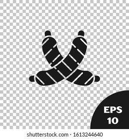 Black Crossed sausage icon isolated on transparent background. Grilled sausage and aroma sign.  Vector Illustration