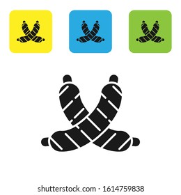 Black Crossed sausage icon isolated on white background. Grilled sausage and aroma sign. Set icons colorful square buttons. Vector Illustration