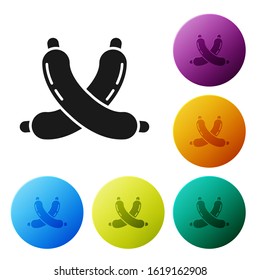 Black Crossed sausage icon isolated on white background. Grilled sausage and aroma sign. Set icons colorful circle buttons. Vector Illustration