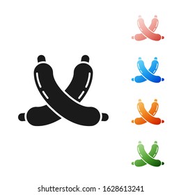 Black Crossed sausage icon isolated on white background. Grilled sausage and aroma sign. Set icons colorful. Vector Illustration