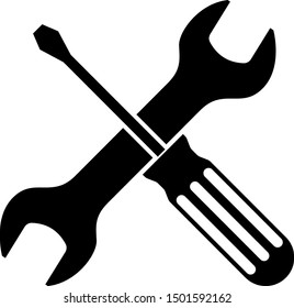 Black Crossed screwdriver and wrench tools icon isolated on white background. Service tool symbol.  Vector Illustration