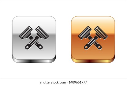 Black Crossed shaving razor icon isolated on white background. Silver-gold square button. Vector Illustration