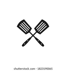 Black crossed spatulas icon. BBQ and grill tools. Barbeque cutlery. Kitchen utensil. Party, cuisine, cookery sign. Vector illustration isolated on white.