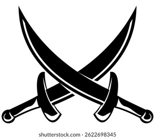 Black Crossed Swords Icon Vektor, Pirate Sabers und mittelalterliche Klingen Silhouette, einzeln auf weißem Hintergrund für Kampf, Spieldesign oder historisches Thema