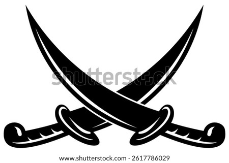 Black Crossed Swords Icon Vector, Pirate Sabers and Medieval Blades Silhouette, Isolated on White Background for Combat, Game Design, or Historical Theme