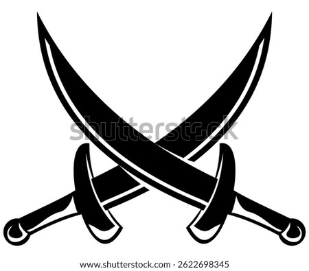 Black Crossed Swords Icon Vector, Pirate Sabers and Medieval Blades Silhouette, Isolated on White Background for Combat, Game Design, or Historical Theme