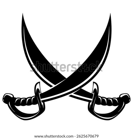 Black Crossed Swords Icon Vector, Pirate Sabers and Medieval Blades Silhouette, Isolated on White Background for Combat, Game Design, or Historical Theme 